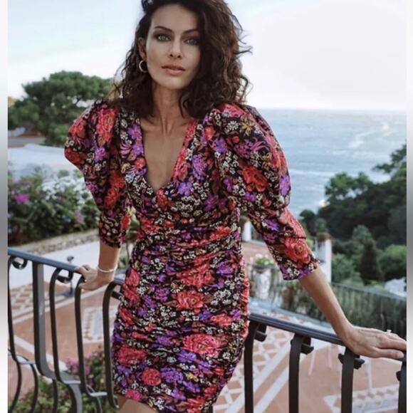 New Zara Satin Floral Puff Sleeve V Neck Bloggers Favorite Mini Dress Women’s S - Picture 2 of 6